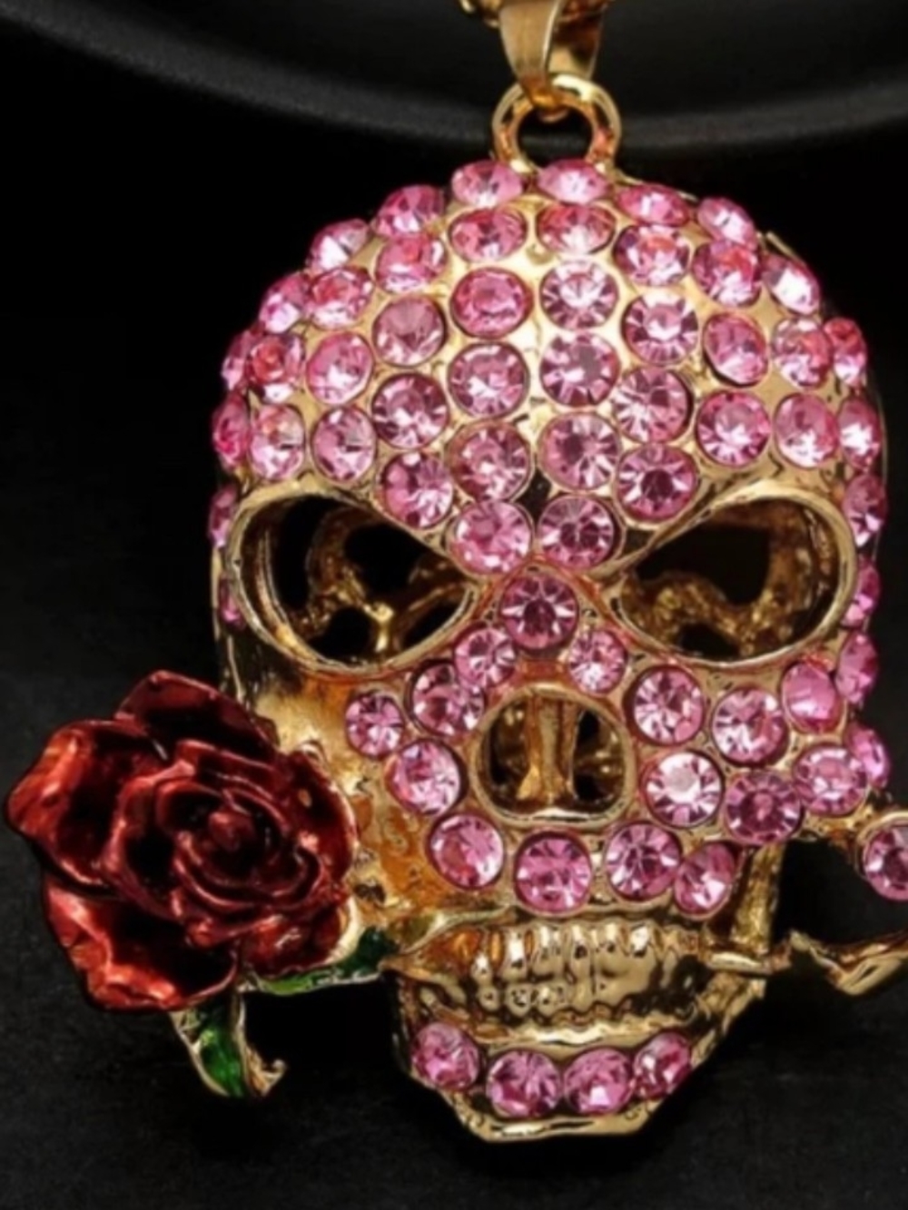 Gold-Tone Pink Crystal Skull Pendant Necklace with Red Rose - Women Jewelry